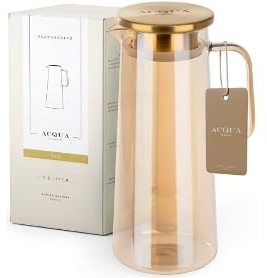 Auauraintt Carafe en verre avec couvercle, 1,5 L carafe en verre,avec couvercle en acier inoxydable, verre borosilicate résistant à la chaleur, pour limonade, eau, thé et jus de fruits (Doré)