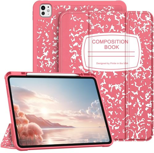 Fintie SlimShell Case for iPad Pro 13-inch (M5) 2025 / (M4) 2024 - [Built-in Pencil Holder] Soft TPU Protective Stand Back Cover with Auto Wake/Sleep, Composition Book Pink