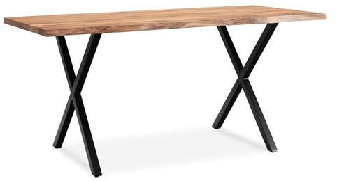FineBuy Esszimmertisch 160cm rechteckig Massivholz Akazie Baumkante - Industrial Esstisch Baumstamm Massiv Echtholz - Küchentisch - Baumkantentisch mit schwarzem X-Gestell