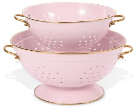 beifeier Metal Colander Set - 3.5 & 5 Quart, Colander with Gold Handle and Base, Dishwasher Safe, Kitchen Essential Strainer for Pasta Fruits Vegetables (Pink)