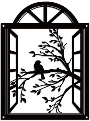 WADORN Decorazione Da Parete In Metallo con Uccello Sul Ramo di Un Albero, Decorazione Da Parete per Uccelli In Ferro Nero con Foro In Metallo e Scultura con Sagoma Appesa A Parete per Finestra