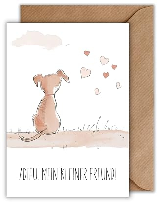 WBdesignz Trauer Karte Haustier mit Umschlag - einfühlsame Trauerkarte “Adieu, mein kleiner Freund” besinnliche Beileidskarte für Hund aufrichtige Kondolenzkarte Beileid Tier Anteilnahme (DIN A6)