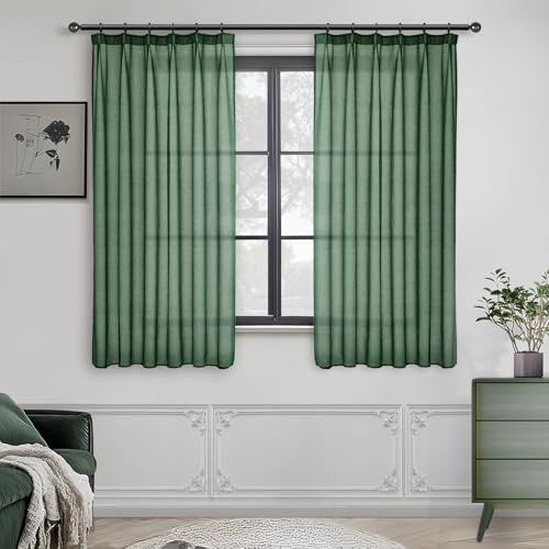 MRTREES Gardinen mit Kräuselband kurz transparent Gardinen Wohnzimmer 137X140 cm (HXB) Vorhang dunkelgrün Gardine Wohnzimmer Modern 2er Set Vorhänge für Schlafzimmer Mädchen küche Bedroom