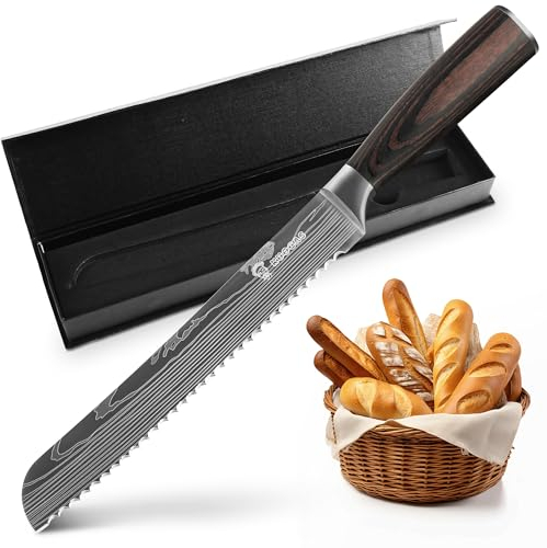 KUOGAS Couteau à pain avec bord dentelé en acier inoxydable de haute qualité, lame de couteau extra tranchante avec manche ergonomique en bois Pakka (20 cm Couteau à pain)