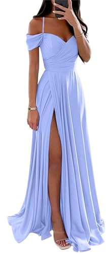 YIANN Robe de demoiselle d'honneur en satin à épaules dénudées pour femme avec fente plissée, lilas, 40