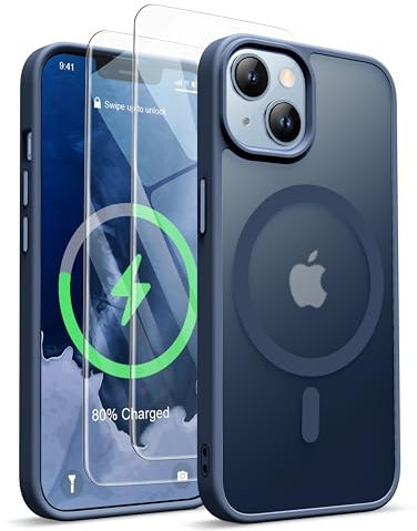 ORETECH for iPhone 13 Case, iPhone 14 Magnetic Case Compatible with Magsafe and 2 Pack Screen Protector Anti Yellowing Ultra Thin Shockproof Matt Frosted Back Phone Case Cover 6.1'' - Navy Blue