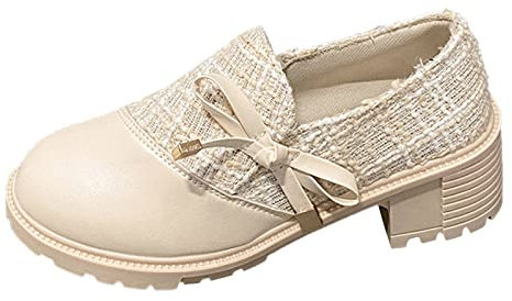 Derbies Femme Rose Gold Chaussure Plate Femme Cuir Talon épais chaussures simples femmes talons hauts soie à lacets femmes chaussures mode décontracté Chaussures Plates Femme Derbies Femme (Beige, 37)