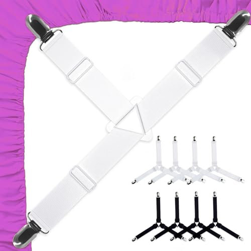 Lot de 8 tendeurs de drap de lit réglables - Sangles de serrage triangulaires pour drap de lit - Tendeur élastique avec clip - Support pour canapé, planche à repasser, matelas