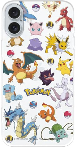 Schutzhülle kompatibel mit iPhone 16 Plus, offizielle Pokémon-Sticker und Pokéball, um Ihr Handy zu schützen, flexible transparente Silikonhülle, mit offizieller Pokémon-Lizenz