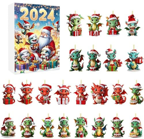 2024 Drachen Adventskalender, 24 Stück 2D Flach Acryl Baby Drachen Anhänger, Baby Drache Weihnachten Adventskalender, 2024 Weihnachten Countdown Kalender