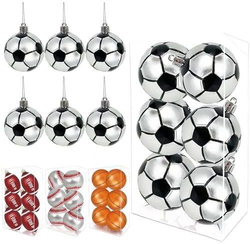 6 Stück Fußball-Weihnachtskugeln, Ornamente, 6 cm, bruchsicher, mit Aufhängeschlaufe, für Weihnachtsbaumschmuck, Urlaub, Party, drinnen und draußen, 6 Stück