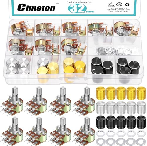 Cimeton 32Pcs Potentiometer WH148 1K 5K 10K 50K 100K 250K 500K 1MK Volume Control Potentiometer Linear Drehpotentiometer mit Aluminiumlegierung Knöpfe, Muttern und Unterlegscheiben für Volume Control