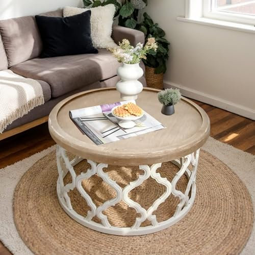 Zouron Couchtisch Holz Rund Wohnzimmertisch Holz Coffe Table Hellbraun Tisch 1pcs Weiß Gestell 76x76x41cm
