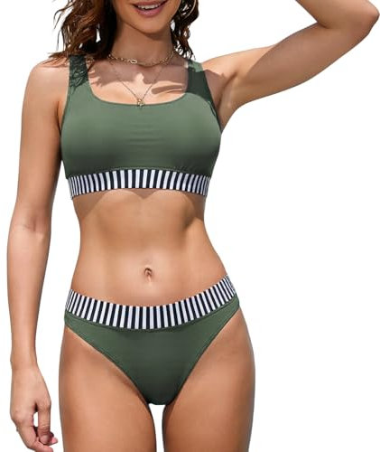 iSLASISIA Damen Sport Badeanzüge Zweiteiliger Crop Top Gerippter Bikini mit frechem Unterteil(Olive-Grün,EU40)