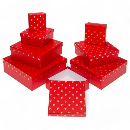 8-teiliges Set Geschenkschachteln Geschenkboxen Geschenkkarton, 8 Stück Geschenkkartonage Boxenset Weihnachten Geburtstag Hochzeit, ca. 22,5 x 22,5 x 8 cm (Rot mit metallischen Herzen)