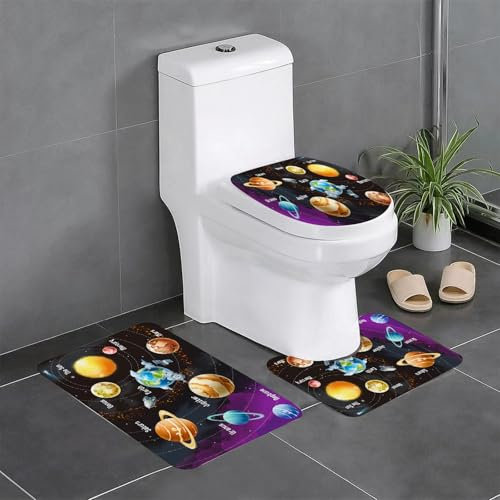 KGDHY Badezimmermatten-Sets 3-Teilig,Planet Universum Weltraum, Lehrreiches Sonnensystem Planeten Neptun Venus Merkur Kinder,Bad und WC-Vorleger-Set,rutschfeste Badezimmerteppiche wasserabsorbierende
