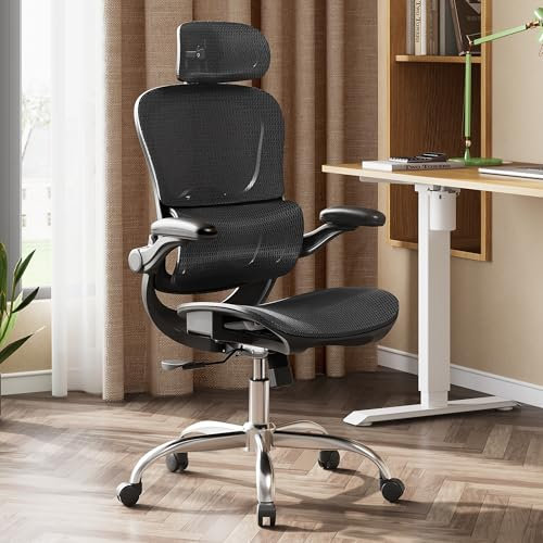 DEVAISE Bürostuhl Ergonomisch: Schreibtischstuhl mit Segmentierter Rückenlehne, Verstellbarer Kopfstütze und Lendenwirbelstütze, 4D-Armlehnen, Wippfunktion, Hohe Lehne, für Büro, bis 180kg, Schwarz