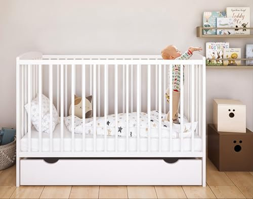 ZEE - Babybett Kinderbett, 2w1 Bett Grześ - mit Schublade, Schutzgitter und Schaumstoffmatratze inklusive - Set mit antiallergischer Matratze - 120x60cm - Weiß