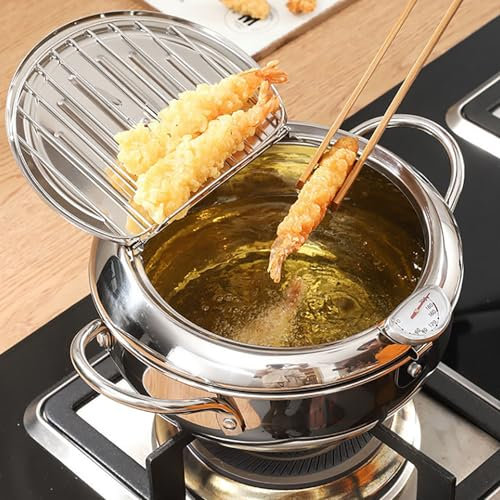 Stainless Steel Frying Pot with Thermometer and Oil Drip Drainer Rack, 304 Stainless Steel Deep Frying Pan with Lid & Basket, Temperature Control Fryer Pot for Fried Chicken, French Fries (20cm)