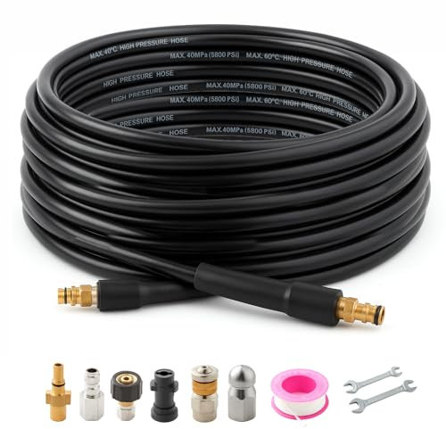 30M Pressure Washer Drain Cleaning Hose Kit – 5800PSI/400Bar Sewer Jetter Hose for Karcher Washer Gun Includes 4 Adapters, 2 Corner & Rotating Nozzles for Cleaning Sewers, Sinks and Drains.