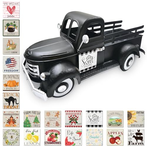 Teeloray 34cm Vintage Metall Blumentopf Truck mit 20 Saisonale Magnetes für Zuhause, Retro Home Decoration, Kreativ Blumentopf Tischdeko für Garten Balkon Küche Terrasse Wohnzimmer