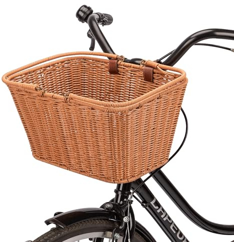 CXWXC Bike Basket - Durable Front Bicycle Bike Baskets - Handmade Woven Wicker Bike Basket with Adjustable Leather Straps (Brown)
