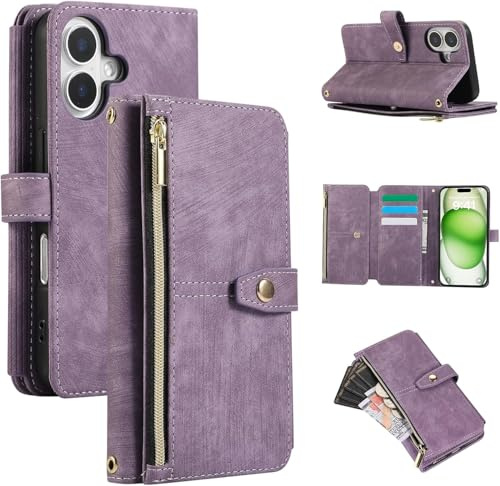 UEEBAI Wallet Case for iPhone 17, 9 Card Slots Retro Leather Wallet Shockproof Flip Cover with Hand Strap Card Slots Zipper Pocket Kickstand Handbag Magnetic Closure - Retro Purple