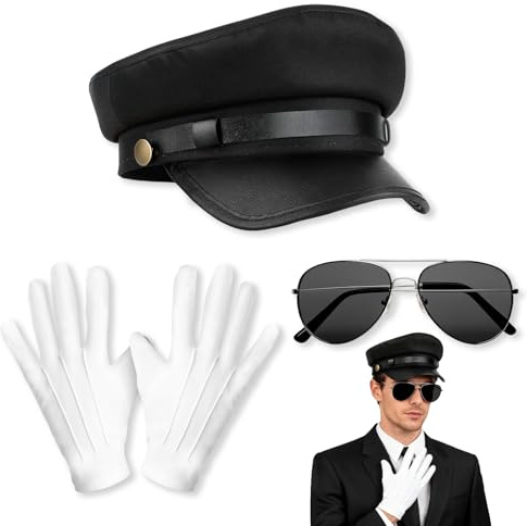 XINSUO Chauffeur Kostüm Zubehör, 3 Stück | Chauffeur Hut für Erwachsene＋Sonnenbrille＋Weiß Handschuhe, für Karneval Mottoparty, Cosplay