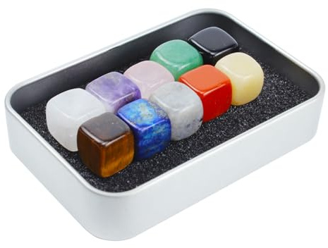 10er Set Kristallwürfel, Glatte Edelstein-Würfel in Geschenkbox, Energiesteine aus Quarz, Amethyst, Tigerauge, Rosenquarz, Obsidian, Lapislazuli u.a., Dekoration für Zuhause & Büro