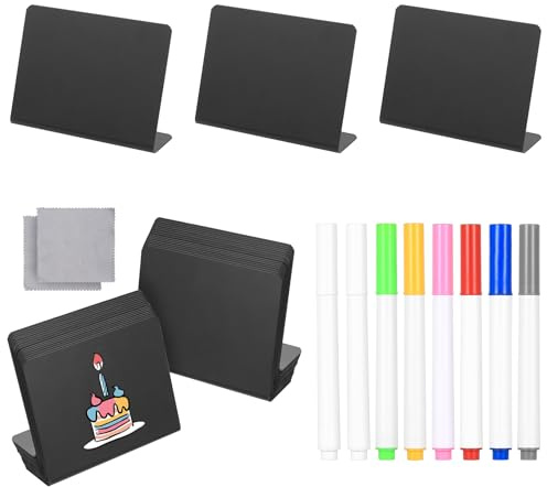 32 Kleine Kreidetafeln zum Beschriften, Mini Preisschilder Aufsteller, L-Form Tischschilder Buffet Schilder zum Beschriften Gastronomie Abwischbar für Hochzeit Party Tischkarten + 8 Stifte und 2 Tüche