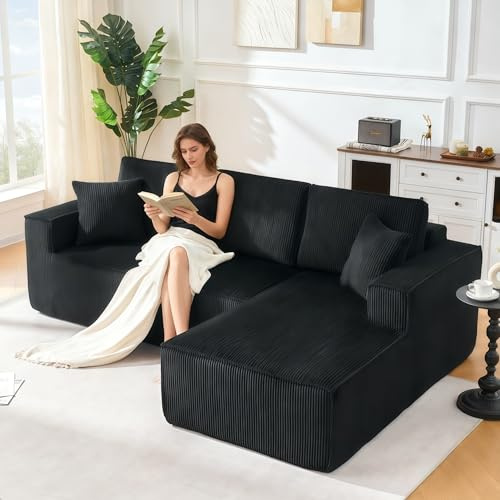 Sapgaks Ecksofa in L-Form, Cord, modernes 3-Sitzer-Sofa mit 2 Kissen, keine Montage erforderlich, modulares Sofa, geeignet für Wohnzimmer, Wohnungen und Büros, Schwarz, komprimierte Verpackung