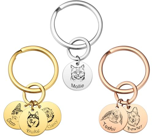 OTXIXTO Personalisierter Haustier Portrait Schlüsselanhänger Mit Foto Und Name Aus Edelstahl Für Hund Katze Andenken Geschenk A1