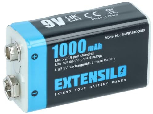 EXTENSILO 9V-Akku Block kompatibel mit Daitem SP 150-21X | 03/07 (1 Ah, 9 V, Li-Polymer), ready-to-use, mit Micro USB Buchse