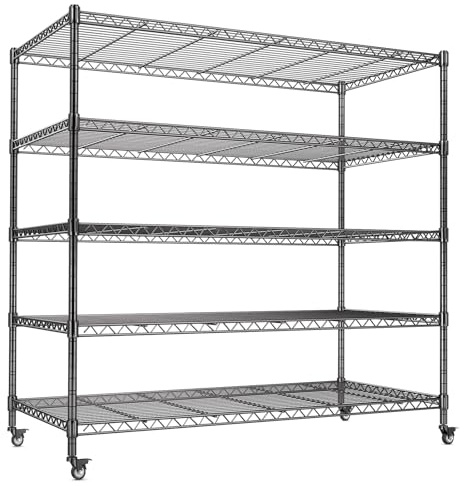 AIRAJ 5-Stöckiges Drahtgitter Regal,116 cm Breites Schwerlastregal,1400 KG Tragende Metallregal, Mobiles Lagerregal mit Rädern,Kellerregal und Gitterregal,116W×41D×182H cm,Verstellbare Regalböden