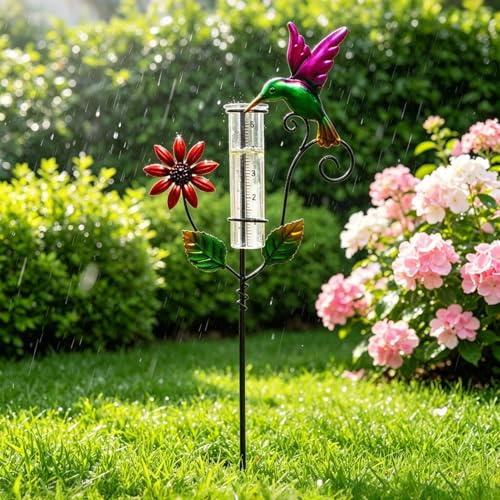 Timasser Regenmesser für Garten Gartendeko Kolibri Regenmesser Frostsicher mit Stab Regen Messbecher Niederschlagsmesser für Gartenliebhaber Hof Deck Rasen Landschaft Terrasse (B)