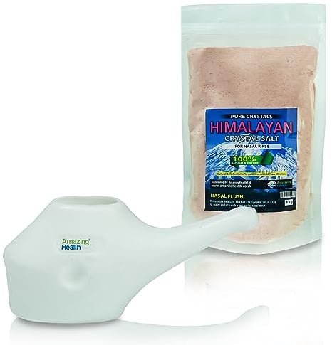 White Neti Pot and 1kg Himalayan Fine Salt by Amazing Health - Natural Nasal Flushing Kit, Helps Sinus Issues