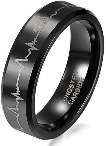 JewelryWe Herzschlag EKG Ring Damen: 6mm Breit Damen-Ring Schwarz Wolfram Wolframcarbid EKG-Ring mit Herzschlag & Herz Frauen Fingerringe Partnerringe Verlobung Hochzeit Band Größe 76