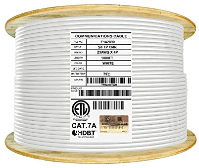 CAT7A Ethernet Cable 1000ft Shielded CMR Riser 1000MHz S/FTP 23AWG, Solid, 100% Bare Copper, UL Certified, Bulk Cable, Reel, White by Infinity Cable
