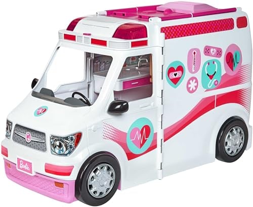 Barbie Véhicule Médical rose et blanc pour poupée, voiture ambulance transformable en hôpital avec plus de 20 accessoires, jouet pour enfant, FRM19