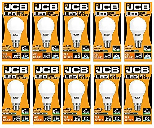 JCB LED 10 X 10 Watt Bayonet Cap GLS Lamp Daylight 6500K 60W Replacement BC B22 LED Bulb [Energy Class A+]