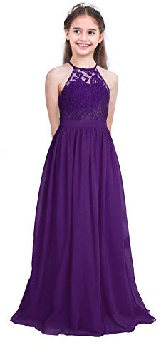 Freebily Enfant Long Robe De Soirée Cocktail Fille Dentelle Fleur Costume De Cérémonie Mariage Fille Robe Princesse sans Manche Taille Haute Violet 12 Ans