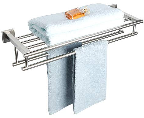 Alise GZ8000-LS Toallero, soporte y estante de toallas con barra doble para baño y lavabo, colgador de acero inoxidable SUS 304, 71 cm, montaje en pared, almacenamiento, acabado en níquel cepillado