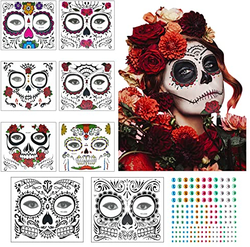 ZERHOK 8 Blätter temporäre Tattoo Totenkopf, Sicherheit Gesicht Tattoo Kinder Erwachsene Spinnennetz Make up Aufkleber für Halloween Maskerade Fasching Party