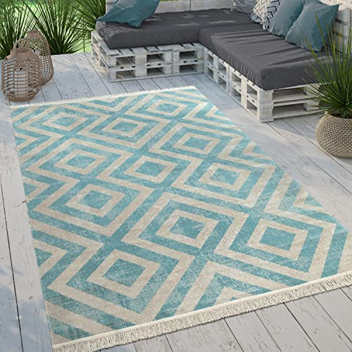 Paco Home Moderner Outdoor Teppich Geometrisches Rauten-Muster im Vintage-Look Flachgewebe Wetterfest & Pflegeleicht für Garten, Terrasse & Balkon, Grösse:160 cm Rund, Farbe:Blau-Weiß