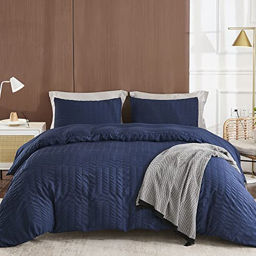 AveLom Navy Blue Duvet Cover King (104 x 90 inches), 3 Pieces (1 Duvet Cover + 2 Pillow Cases), Seersucker Textured Ultra Soft Washed Microfiber, Textured Duvet Cover with Zipper Closure, Corner Ties