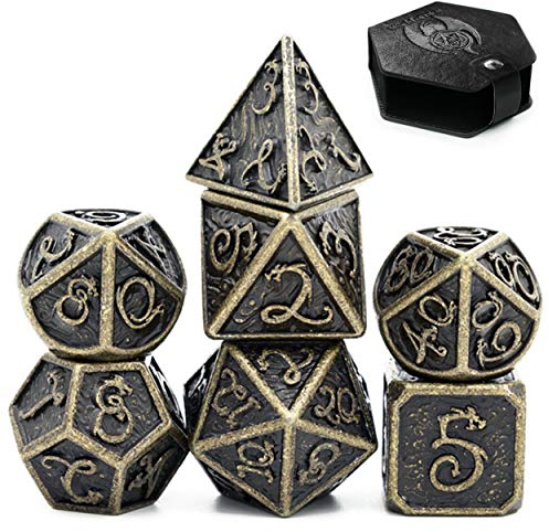 World of Dice Metallwürfel-Set Drachenwürfel - Antik Messing - Pen & Paper Würfel-Set aus Metall, 7-teiliges polyedrisches Set, für Dungeons and Dragons, DSA, Cthulhu, UVM.