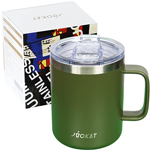 JVOKAT Insulated Coffee Mug, Travel Coffee Mug, Double Wall Vacuum Insulated Coffee Cup with Handle, Thermal Mug with Spill Proof Lid, Camping Mug (12oz / Green)