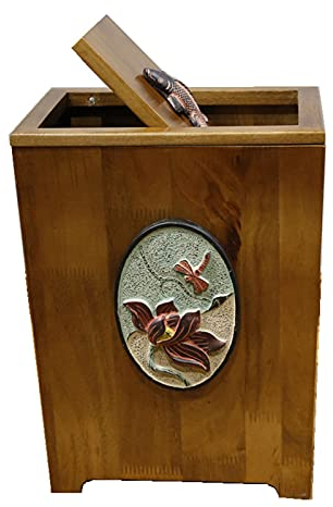 Advap Patrón de Loto Retro Papelera de Basura, Cesta de Basura Cuadrada de Madera Tapa de Swing de Basura Bandeja, para Dormitorio Sala de Estar Cuarto de baño Cocina de Oficina