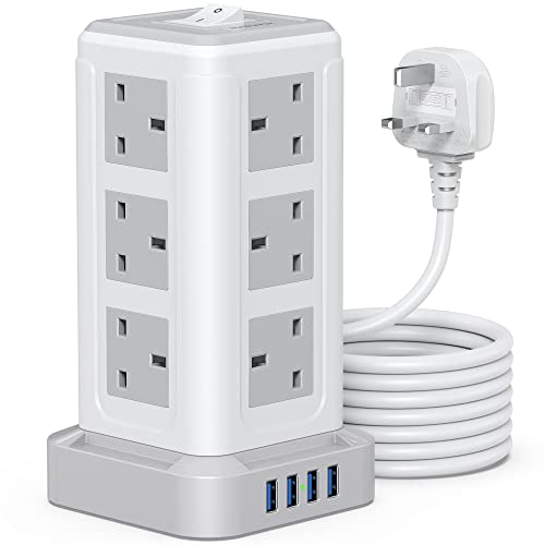 NVEESHOX Extension Lead Surge Protection, 12 Way Power Strip Tower with 4 USB Slots 5M/16FT Long Extension Cord Multi Plug 3250W 13A Overload Protection for TV Laptops iPhones Tablets (Light Grey-5M)