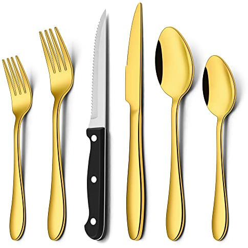 Besteck Set 6 Personen, Herogo 36-teiliges Edelstahl Besteck Set mit Steakmesser, Besteckset mit Gabel Messer Löffel, Elegantes Essbesteck für Haus/Restaurant, Spülmaschinenfest & Rostfrei, Gold